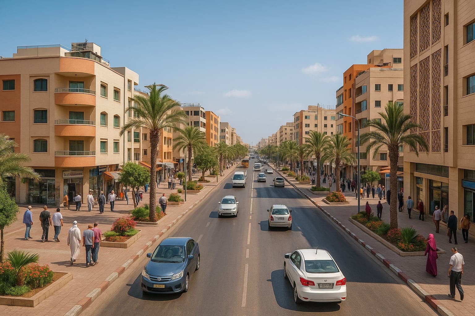 Rebuilt street with families, markets, and modern infrastructure