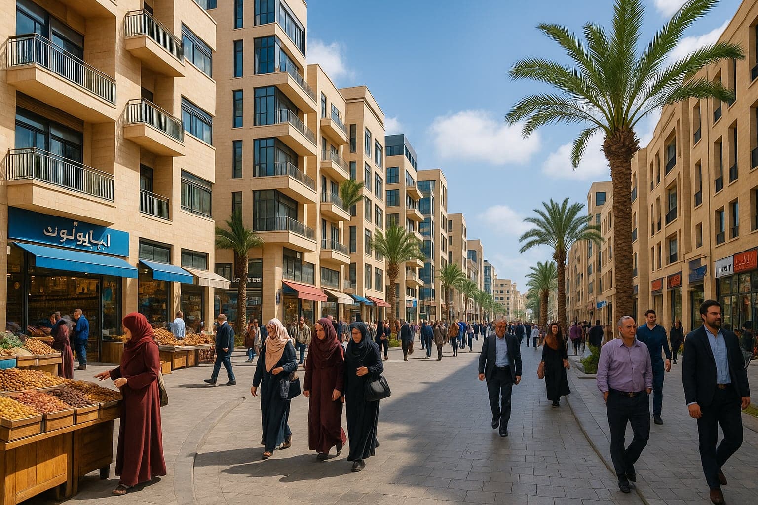 Modern commercial street with small businesses and solar canopies
